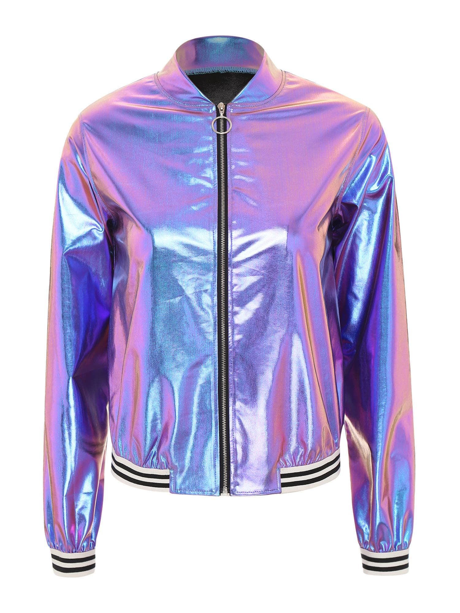 Womens Holographic Bomber Jacket Metallic Shiny Long Sleeve Zipper Front Striped Band Baseball Coat L blue