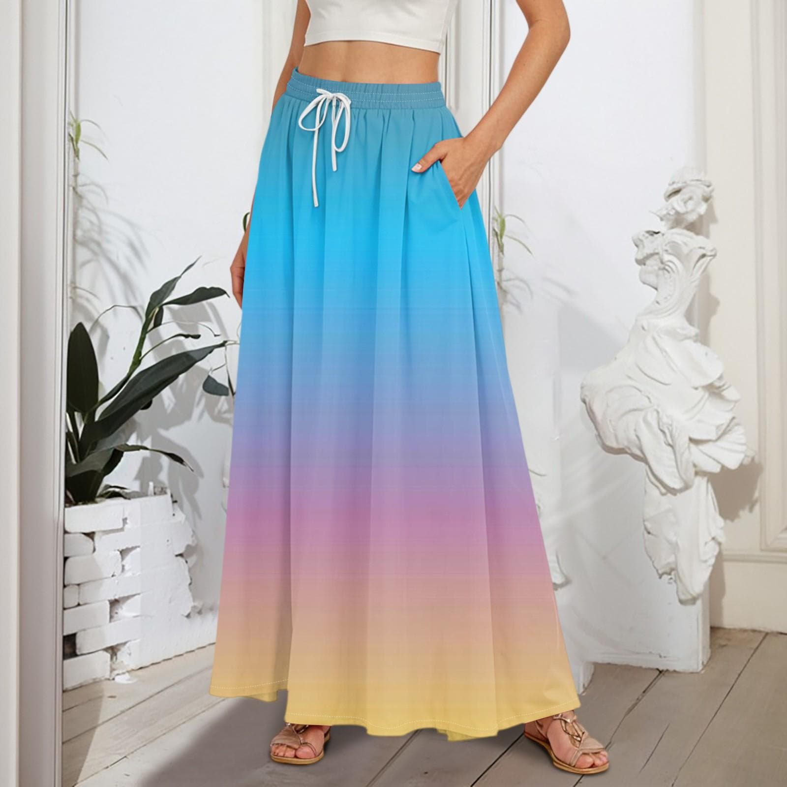 Women's Flowy Flared Ruffle Hem A Line Maxi Skirts Elastic Waist Elegant Tiered Layer Boho Long Skirts XXL light blue