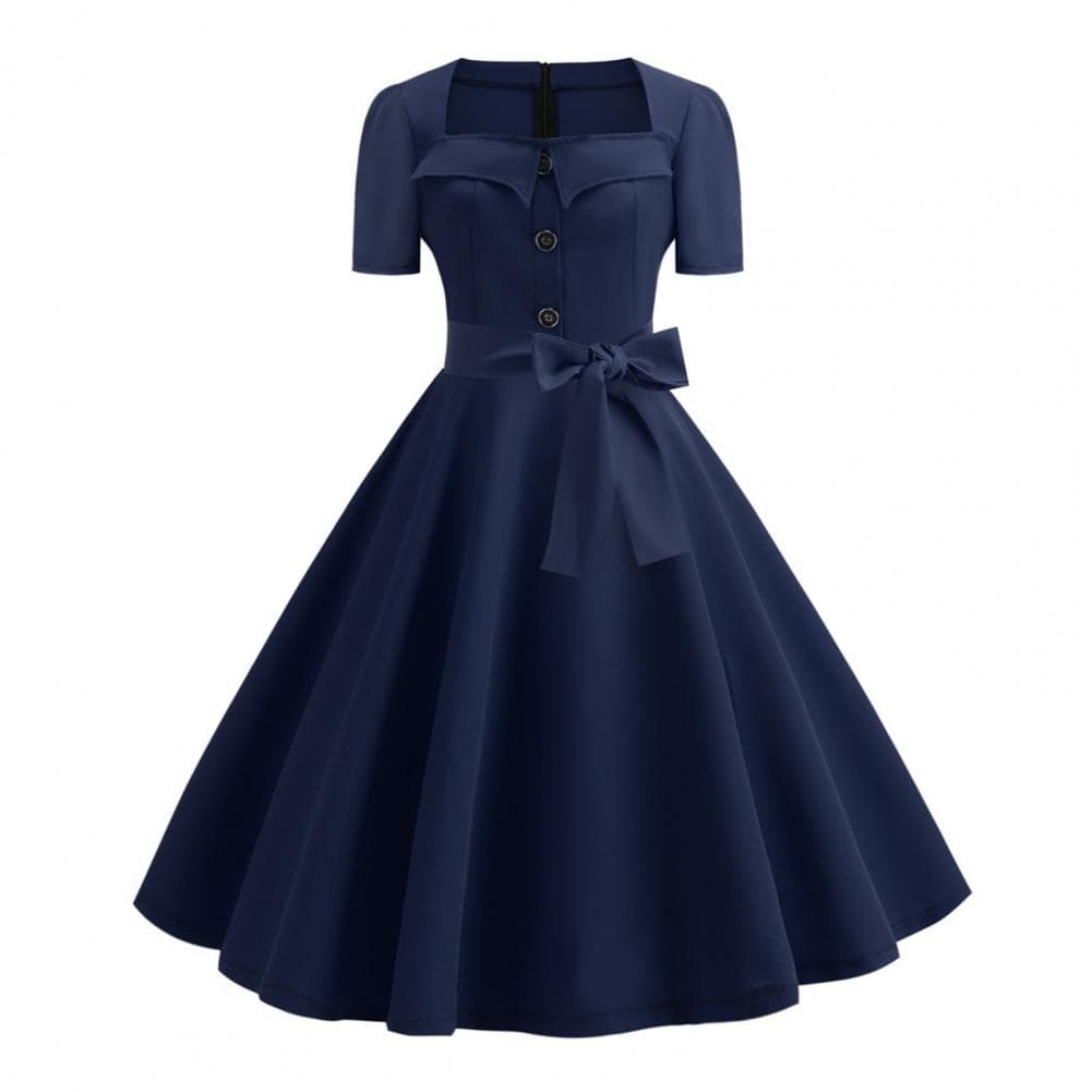 Women Dress Square Neck Short Sleeve Retro 1950s A-line Big Hem Button Decor Dot Print Color Matching Mid Waist Belted Bow Decor S navy blue
