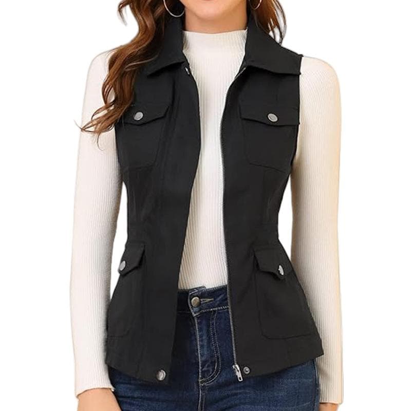 Women's Vest Cardigan Zipper Jacket Multi-pocket Solid Color Sleeveless S