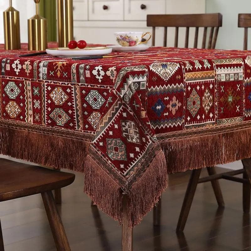 Geometric Patterns Chenille Tablecloth Tassel Edge Embroidered Dining Table Cover  Rectangular Thick Wear-resistant Table Cloth 90x90cm 1pcs