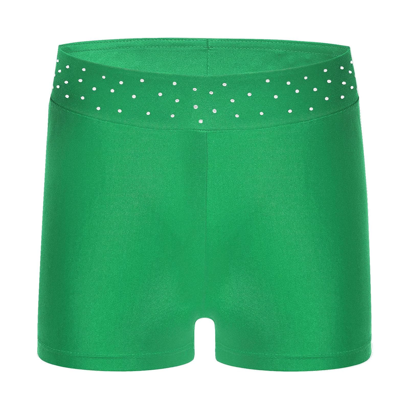 Girls Sparkly Waistband Dance Shorts Stretchy Fabric for Figure Skating Acrobatics Competitions 5-6 Years green