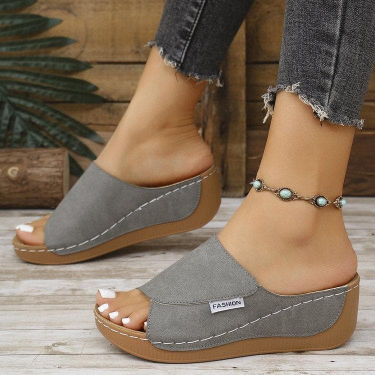Large-sized Thick-soled Casual Slippers, 2025 New Simple and Fashionable Fish-mouth Wedge Heel Slippers 42 grey