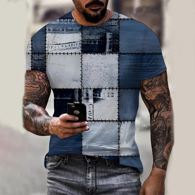 Men's T Shirt 3D Digital Patchwork Graphic Print Short Sleeve T-Shirts Comfy Casual Elastic Crew Neck Men Outdoor Activities Top 3XL