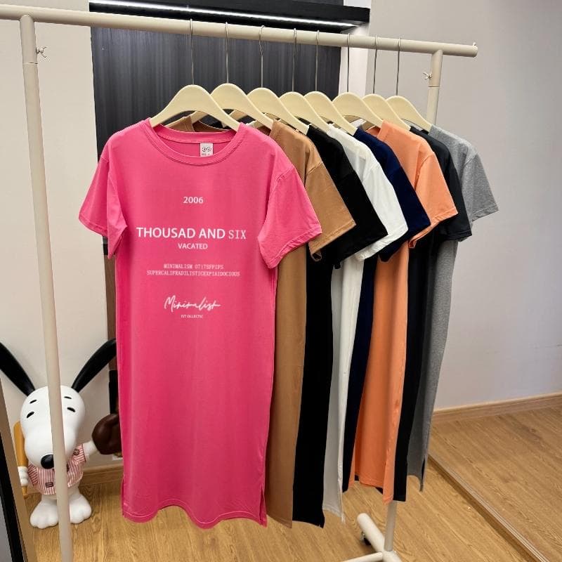 Short-sleeved Dresses Women's Summer Plus Size Medium-length T-shirt Dress Knee-length Casual Long Dress 2XL rose red