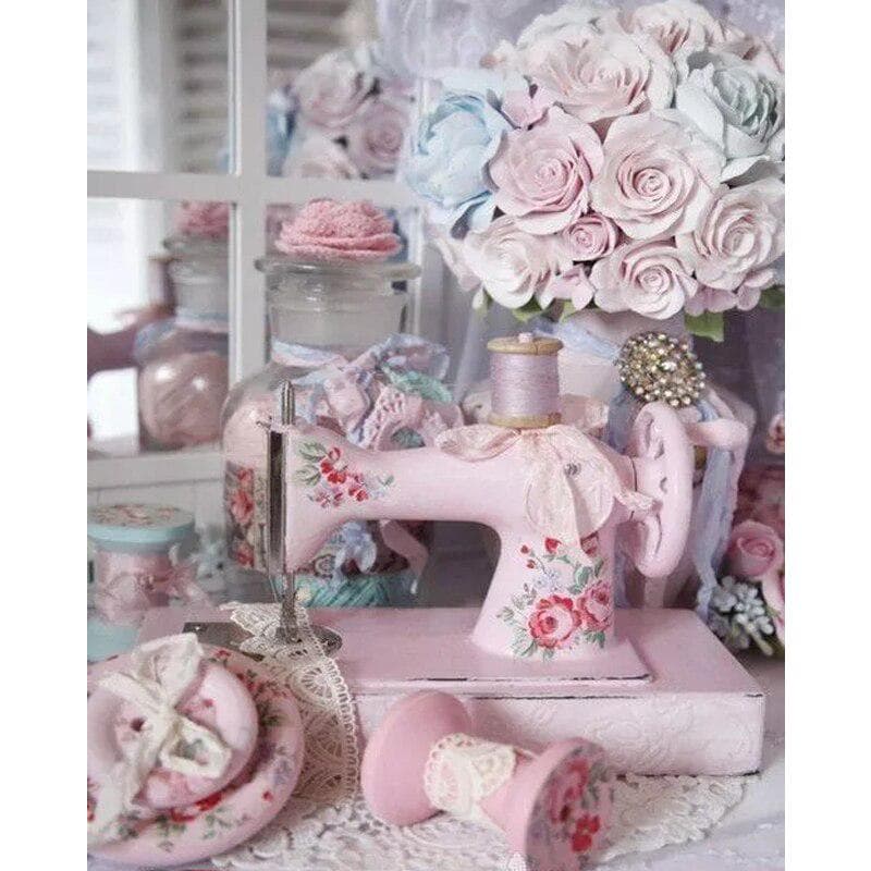 Diamond Painting Sewing Machine Flower Full Round Drill Mosaic Cross Stitch Diamond Embroidery 20X30CM