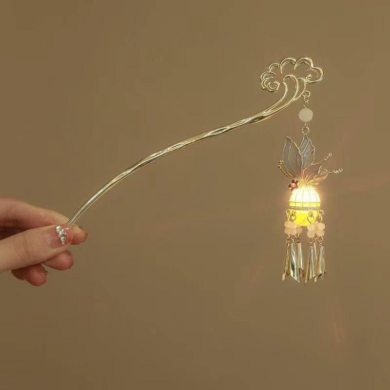 Luminous Flower Hairpin For Women Creative Lotus Emit Light Lantern Tassel Hair Stick Vintage Chinese Style Metal Hair Accessory