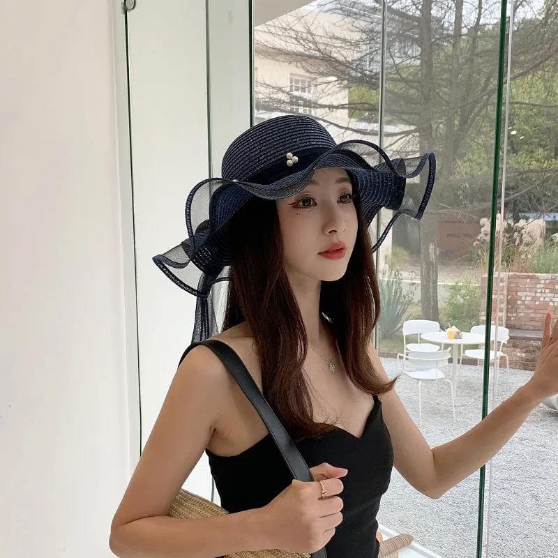 Straw Hat Women's Seaside Beach Hat Summer Temperament All-match Fashion Sun Hat Sunscreen Anti-ultraviolet Sun Hat one size navy blue