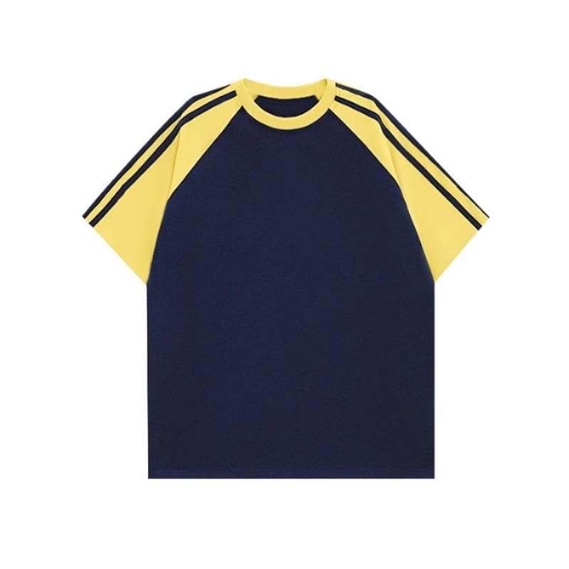 Solid-colorPure Cotton Textured CollaredShoulder Insertion, Contrasting Color Striped Short-sleeved T-shirts for Men and Women M navy blue/yellow