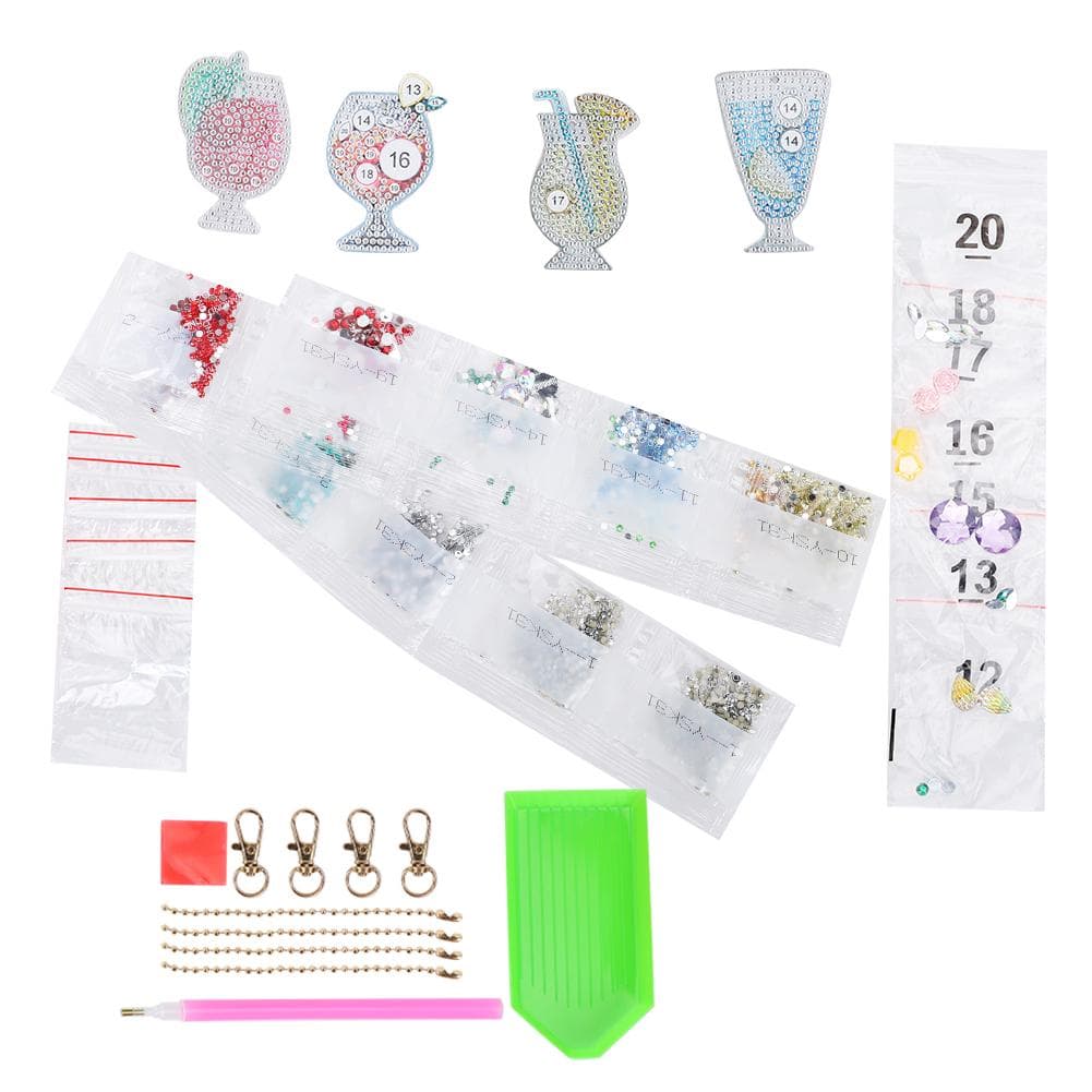 4Pcs Keychain Diamond Painting Drink Pattern DIY Resin Key Ring Luggage Pendants Crafts