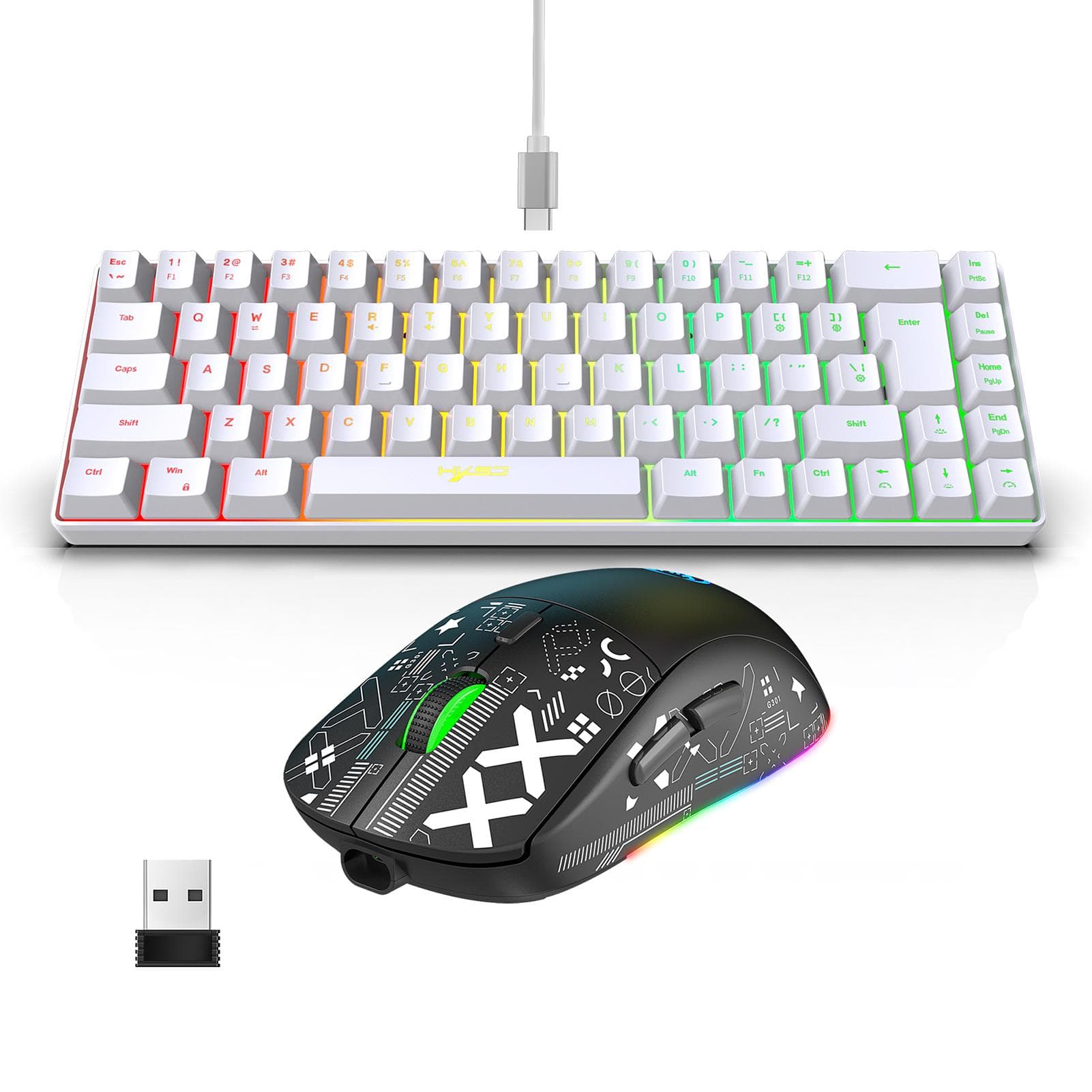 HXSJ Keyboard and Mouse Combo Wired K68 RGB Streamer Mini Gaming Keyboard Membrane Keyboard and black white