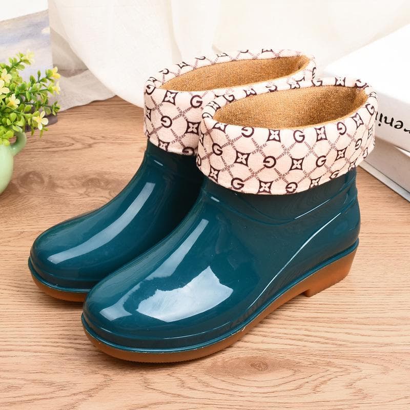 Women's Short Rain Boots with Cowhide Sole, Cotton Lined, Non-Slip, Warm and Protective. 39, with cotton cover dark green