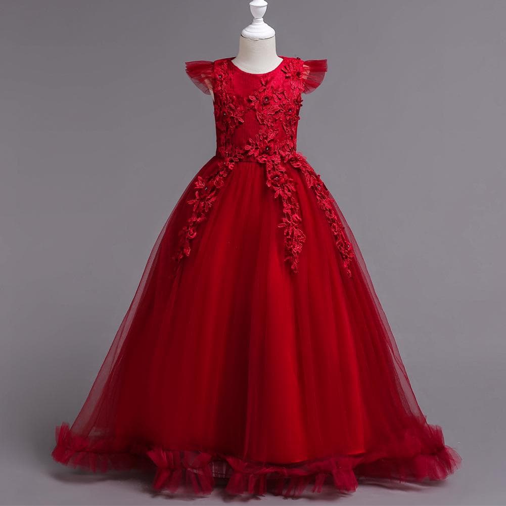 Kids Dresses Flower Lace Formal Sleeveless Long Dresses For Girls Princess Costume Girls Wedding Dresses Clothing 4-15Years 160cm red