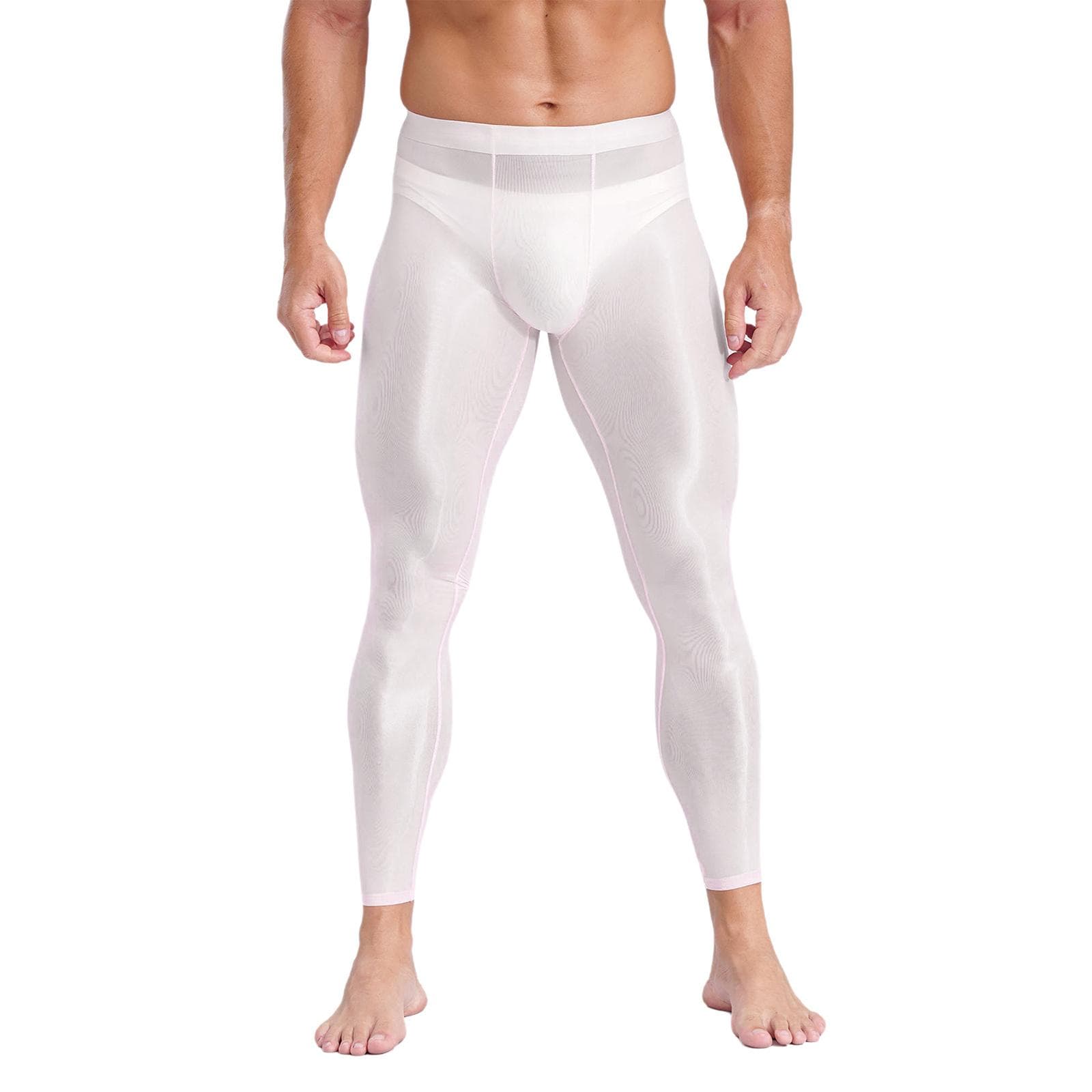 Mens Ultra-Thin Silky Yoga Leggings Elastic Waistband Breathable Gym Tights Enhanced Pouch Design Stretchy Workout Pants L white