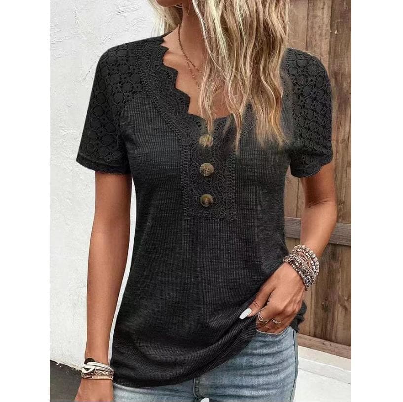 2023 Summer Top Shirts V-neck T Shirt Women Lace Loose Tee Shirt Casual Solid Top Comfortable Short Sleeve T-shirt 28315 M black