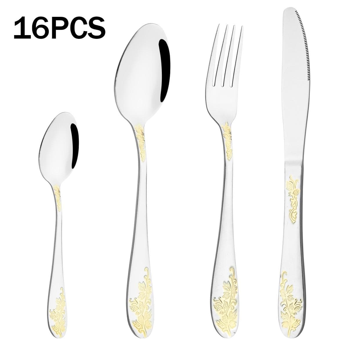 16Pcs Gold Dinnerware Cutlery Set Knives Fork Coffee Spoon Flatware Set Western Stainless Steel Tableware Silverware Kitchen Kit A