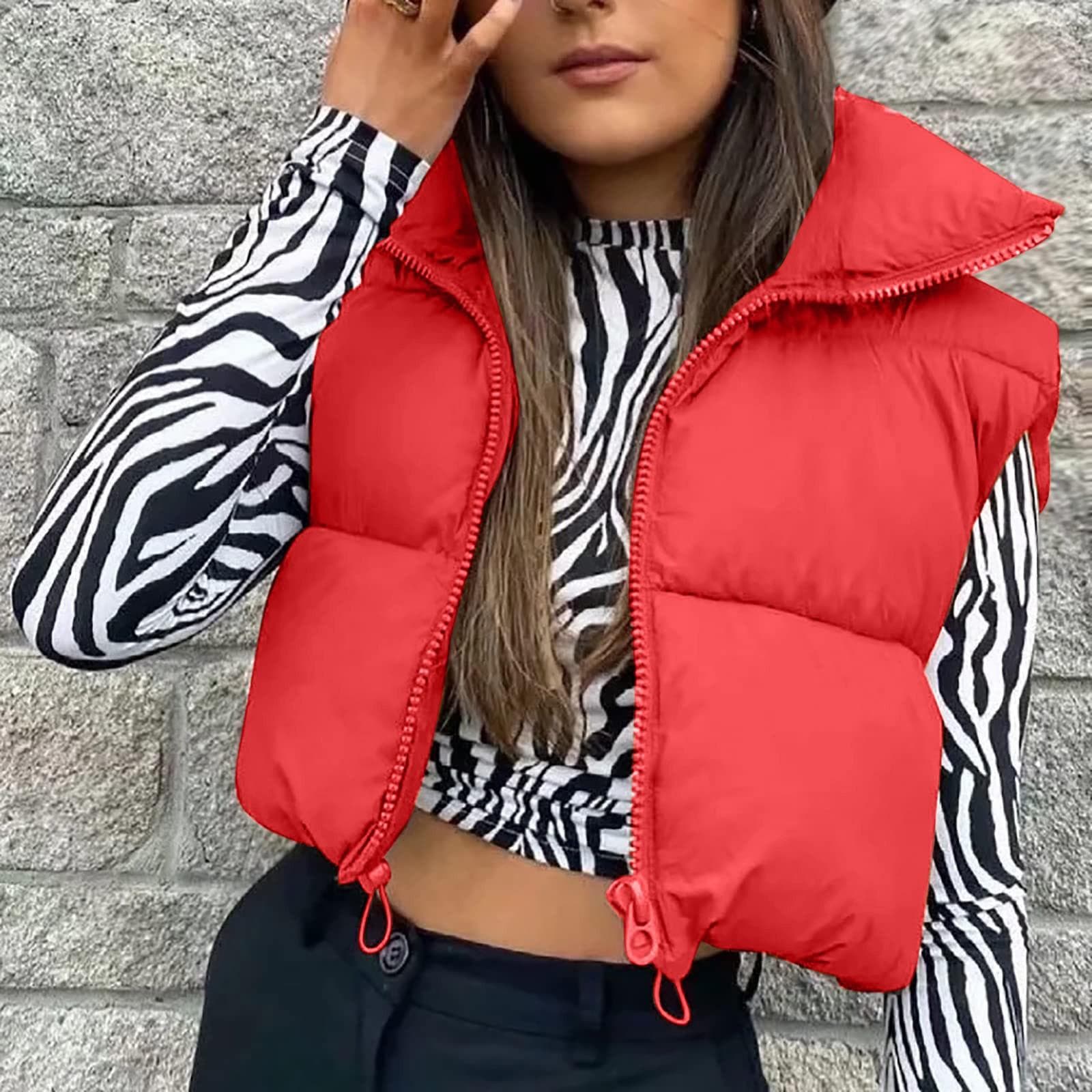 Women's Winter Tank Top Sleeveless Bomber Lightweight Stand Collar Zip Solid Quilted Vest S red