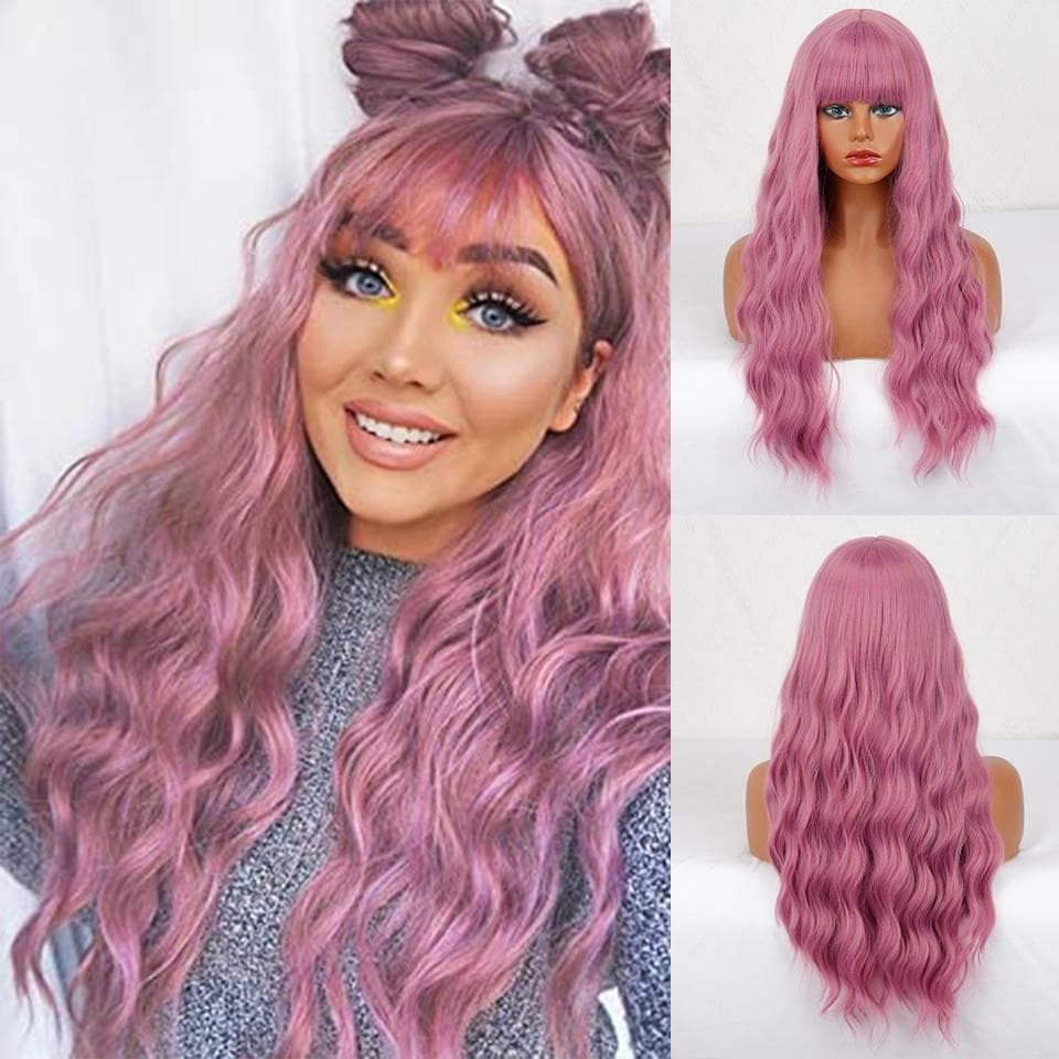 MERISIHAIR Linen Grey Gold Gradient Long Wave Wig Synthetic Fiber Wig with Bangs Suitable for Cosplay Daily Wear zi