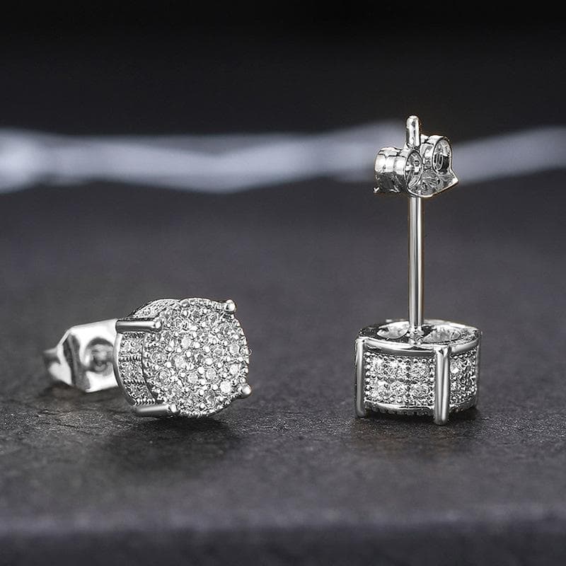 1pair Exquisite Round Shaped Stud Earrings, Paved Shiny CZ Stone Silver Color/Golden Everyday Fashion Versatile Ear Jewelry For Men & Women silver