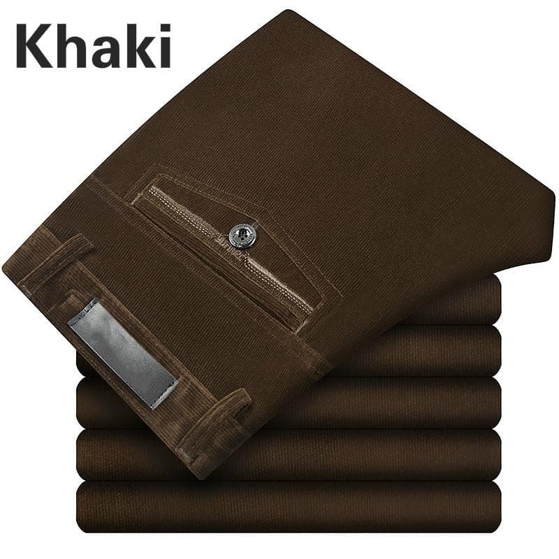Men Corduroy Cord Trousers Stretch Straight Pants Casual Loose High Waist Retro Pants 36 khaki