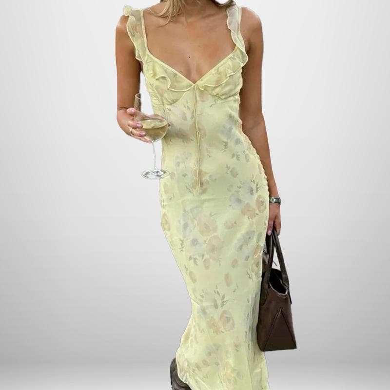 New Women's Clothing Temperament Elegant Sleeveless Backless Printing Slim Women's Dress 3XL light yellow