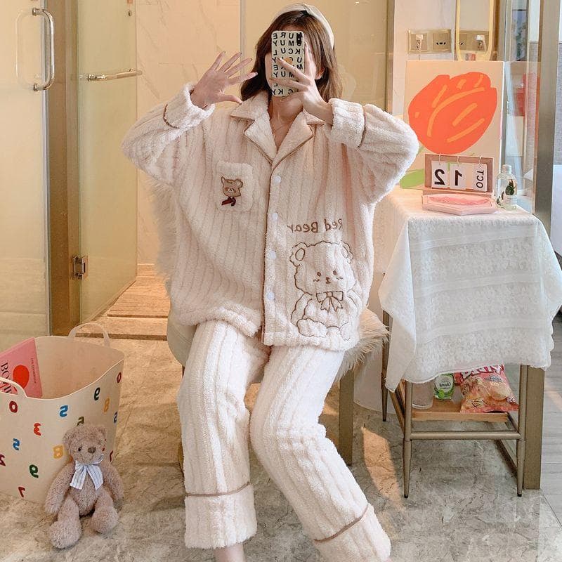 New Pajamas for Women, Autumn and Winter Home Clothes, Thickened Warm Pajamas, Coral Velvet Flannel Home Clothes Set, Round Neck Pajamas 2XL
