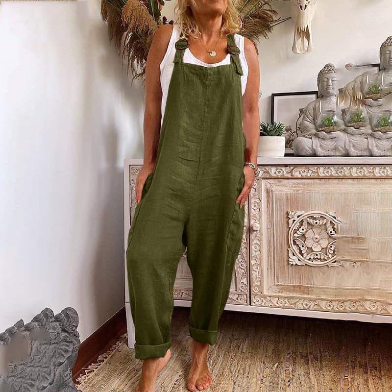 Women Wide Leg Overalls Adjustable Button Cotton Linen Workwear With Pockets XXXL green