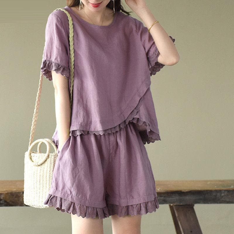 Suit Women Imitation Cotton Linen T-shirt Short-sleeved Top Wide-leg Shorts Two-piece Loose Large Size Casual Suit Home Service M
