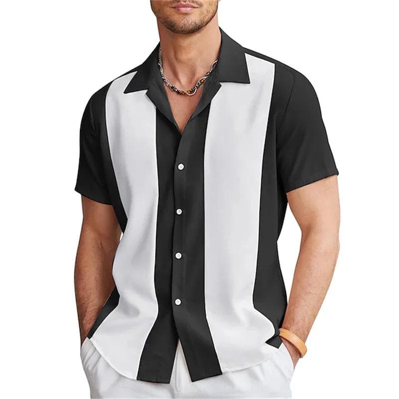 New Men's Shirts Bowling Shirts Button-Down Shirts Summer Casual Red Short Sleeve Color Block Lapel Street Wear Fashion XL