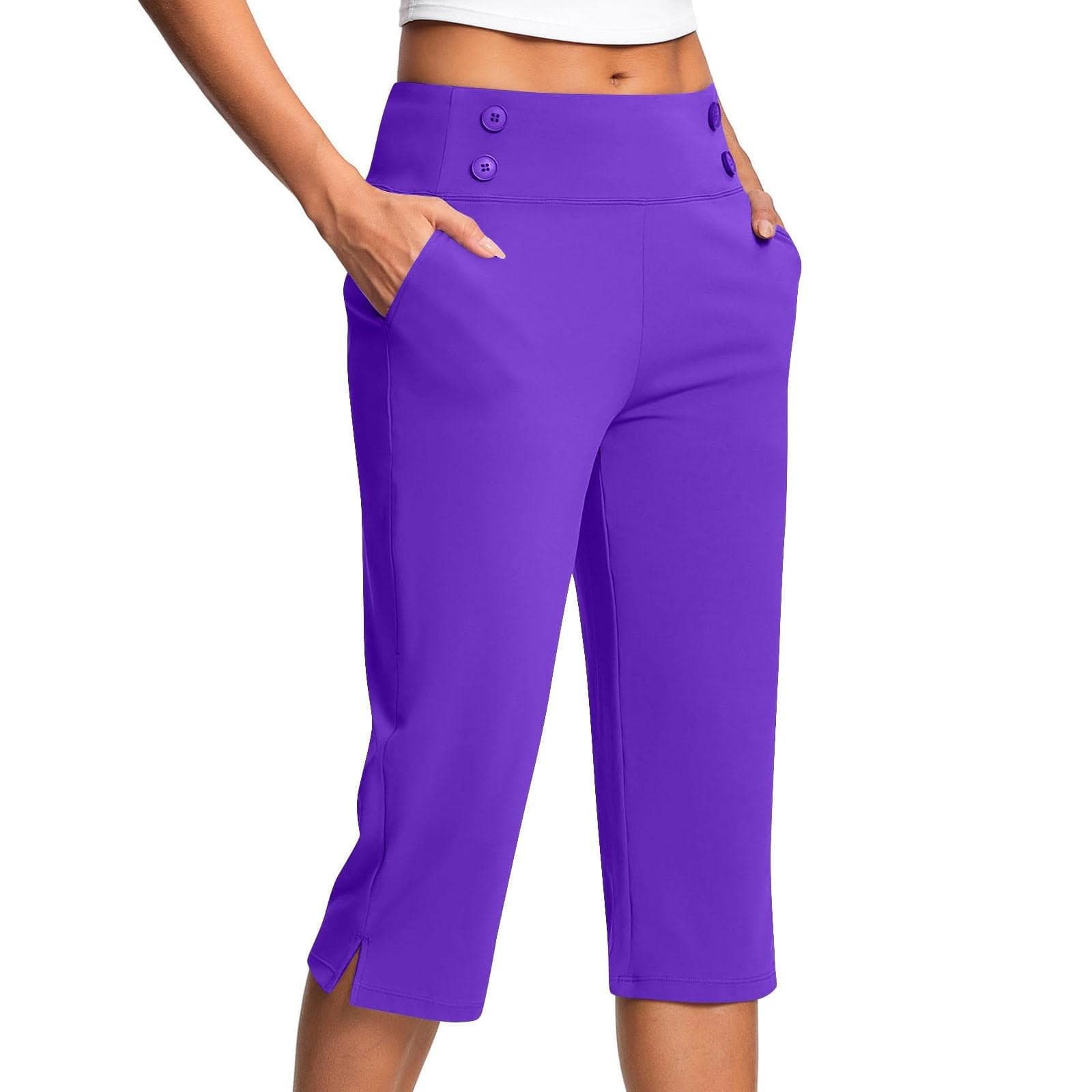 Women's Fashionable Solid Color Button Pocket Pants With Split Hems High Waist Sports Yoga Casual Cropped Pants M purple