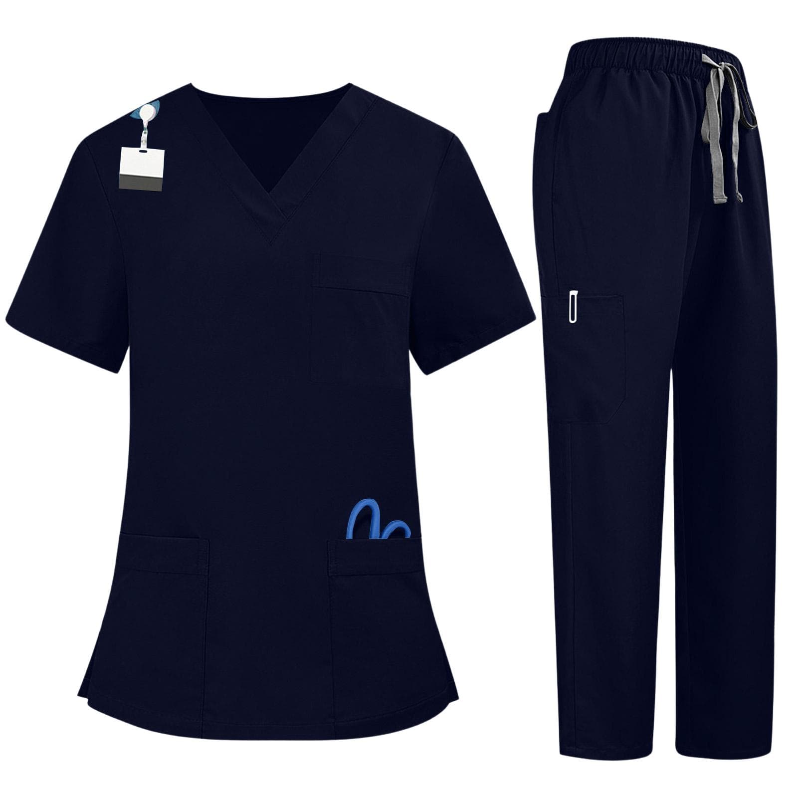 Soild Scrub Working Uniform Suit For Women's Cross V-Neck Short Sleeve Fun T-Shirts Workwear Tee With Pockets S Dark blue