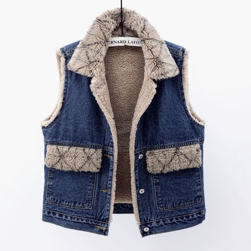 Retro Blue Lambhair and Plush Thick Denim Vest Women's Winter Casual Sleeveless Jacket L