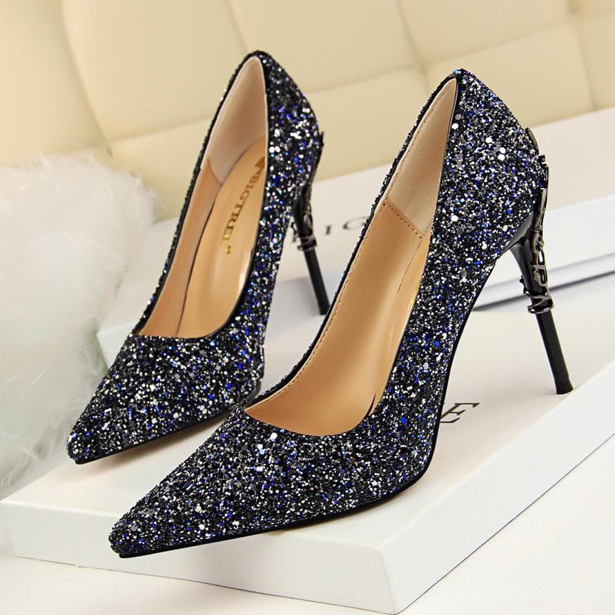 BIGTREE Women's Fashion Sexy Metal Heel Thin Heel High Heel Shallow Mouth Pointed Sequin Shoes 34 blue