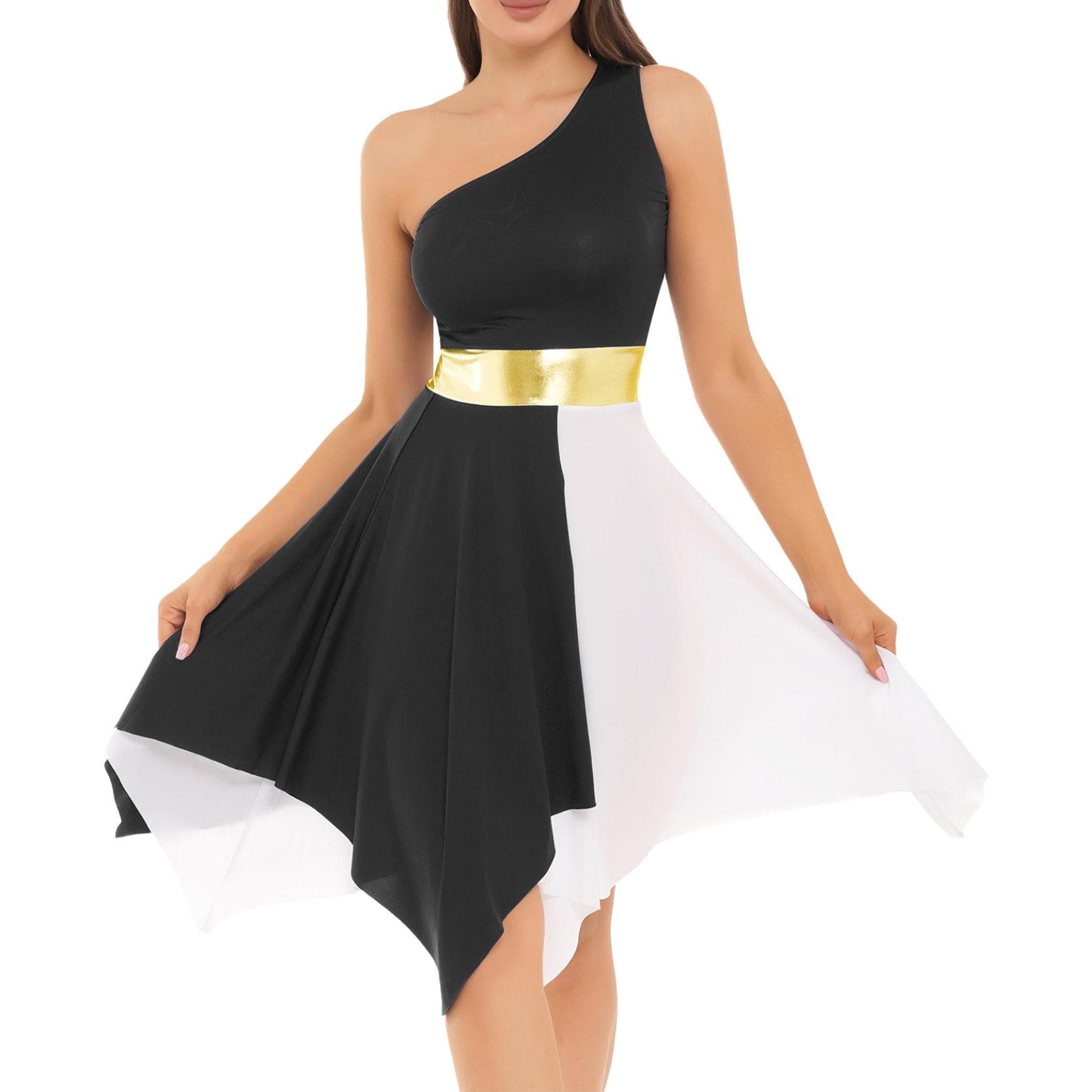 Womens One Shoulder Color Block Dance Dress Patchwork Asymmetrical Hem Sleeveless Dresses Dancewear M black