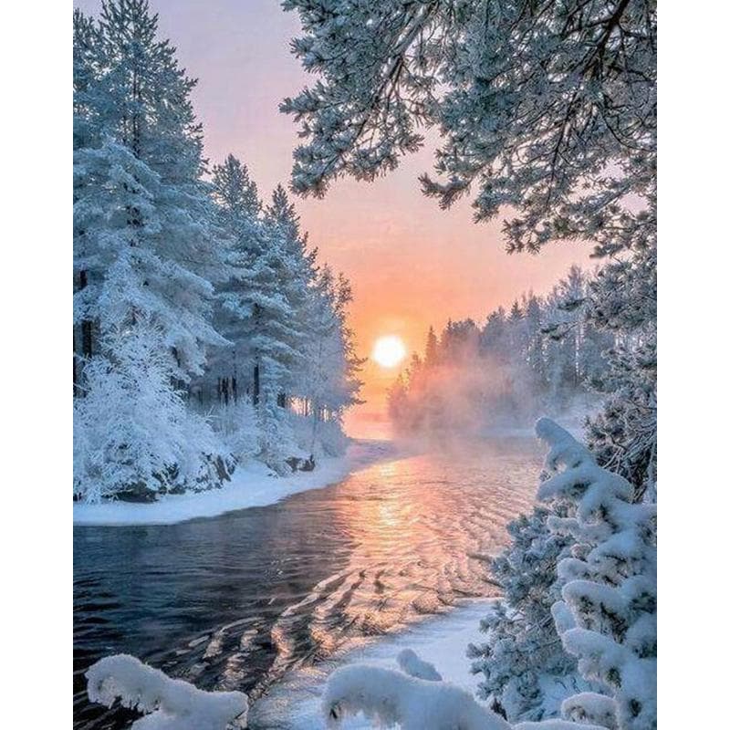 Diamond Painting Snowy River Cross Stitch Rhinestone Embroidery Mosaic Home Decor Gift Sunrise 20X30CM