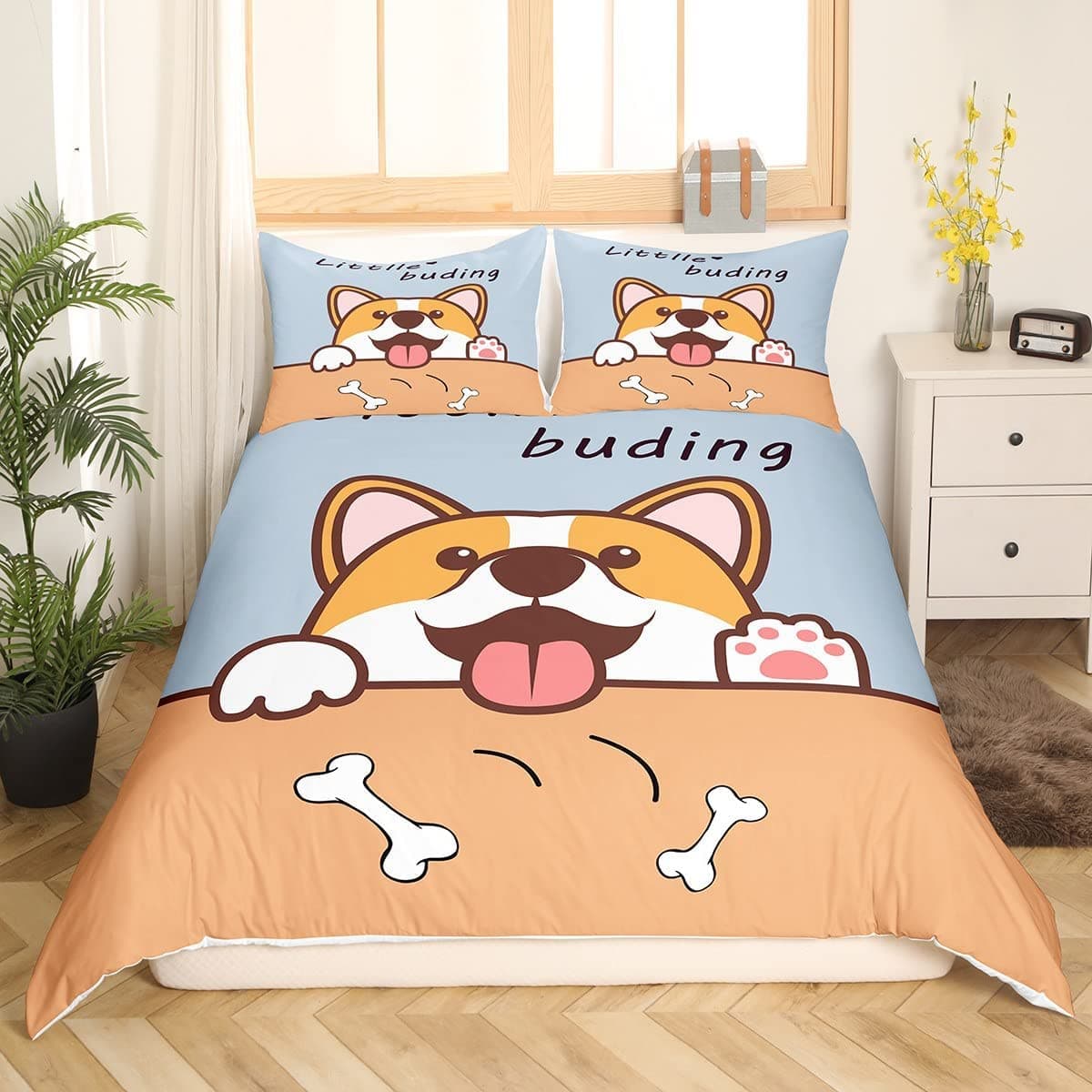 Corgi Duvet Cover Set King Queen Size Polyester Comforter Cover For Kids Boys Girls Bedding Set With Pillowcase Cute Kawaii Dog EU single(135x200cm)