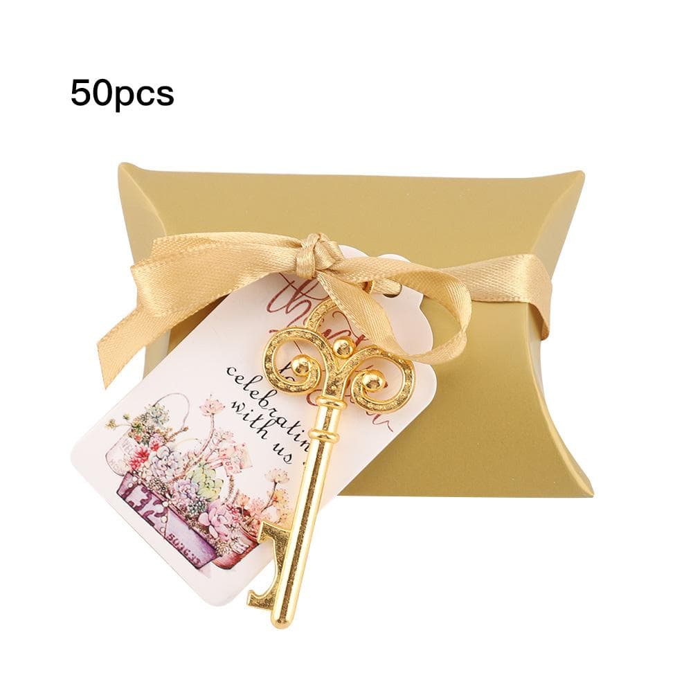 Keys Bottle Opener With Escort Tags Card Silk Ribbon Gift Wedding Festival Decor(Gold)