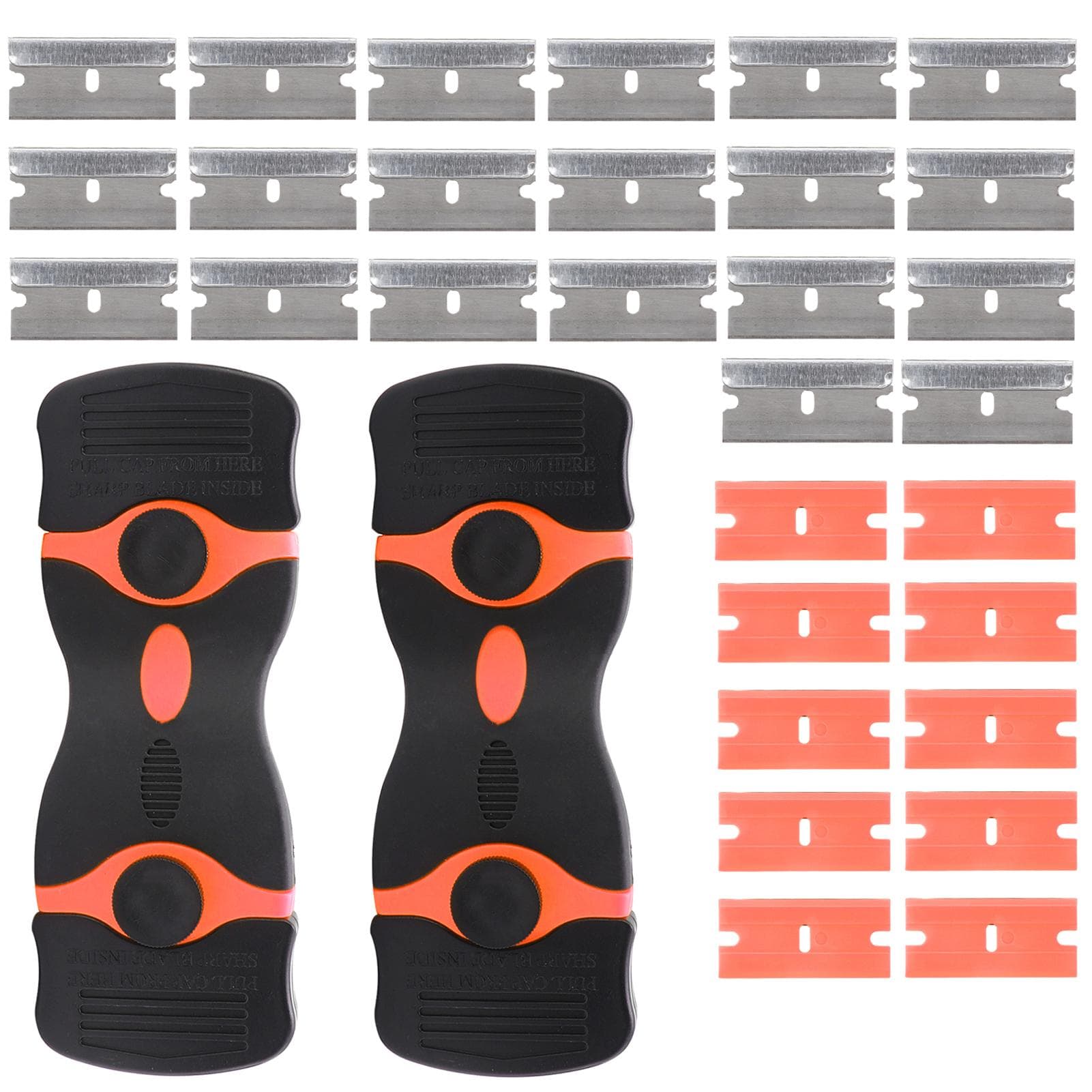 Razor Blade Scraper, 2 Pack Double Edged Razor Scraper Remover Tool with 30 Pcs Blades, Plastic orange