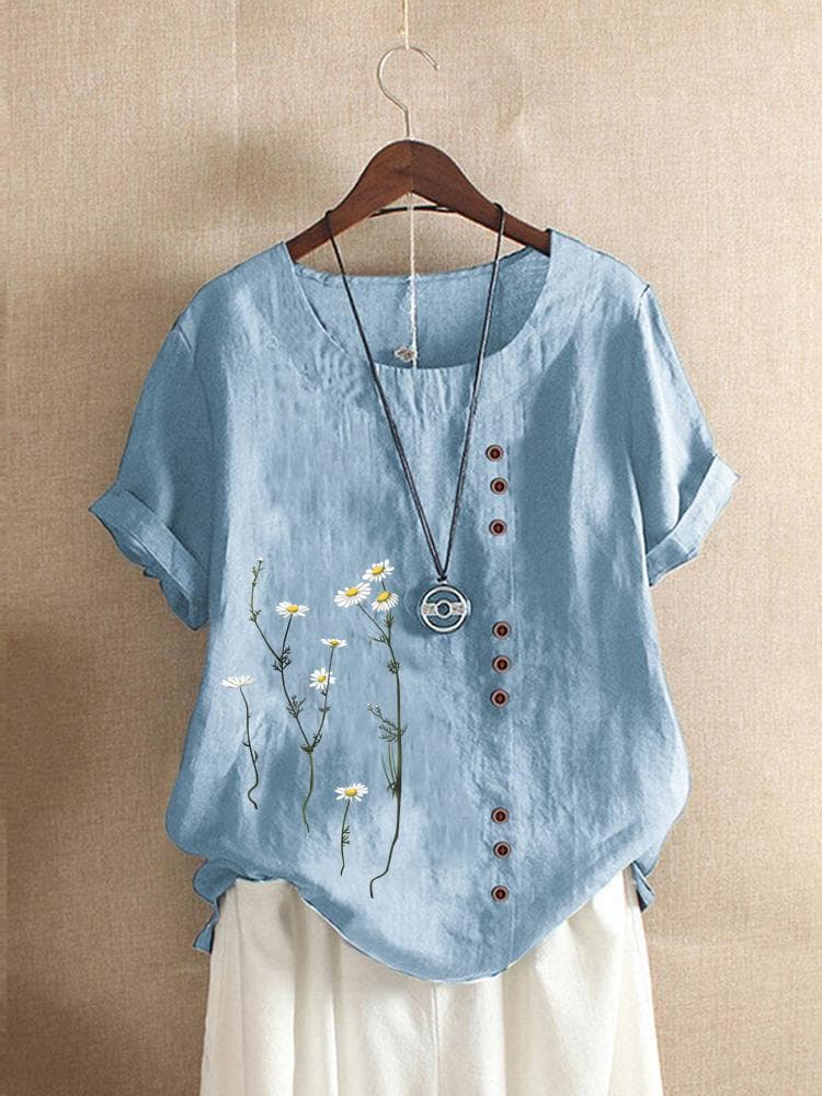 Cotton and Linen Printed T Shirt Tops Women's Summer Loose T Shirt Shirts L blue