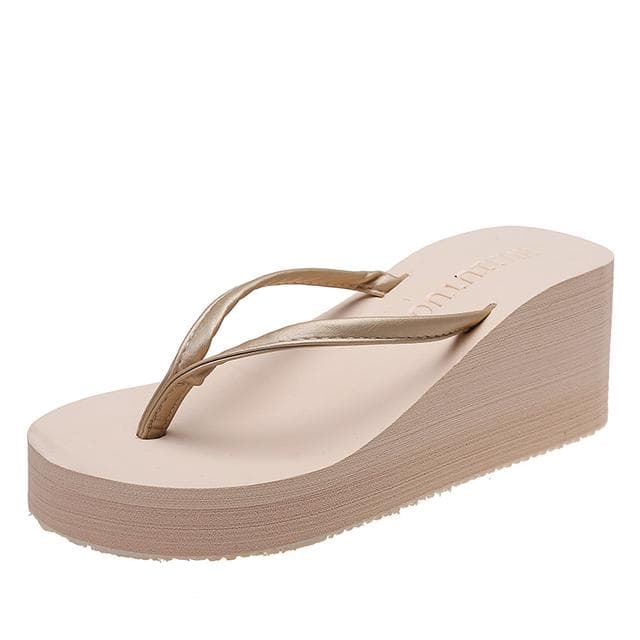Summer Women Wedge Heels Clip on Sandals Casual Outer Wear Fashion House Slippers High Thick Soled Flip Flops Indoor 35 beige