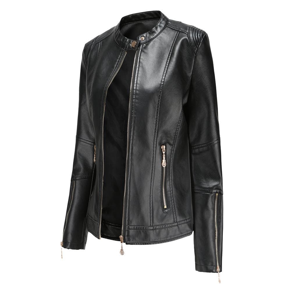 New Fashion Women's Leather Jacket PU Leather Short Coat Stand Collar Jacket Women's Spring and Autumn Thin Leather Jacket Navy Blue Leather Jacket 3XL