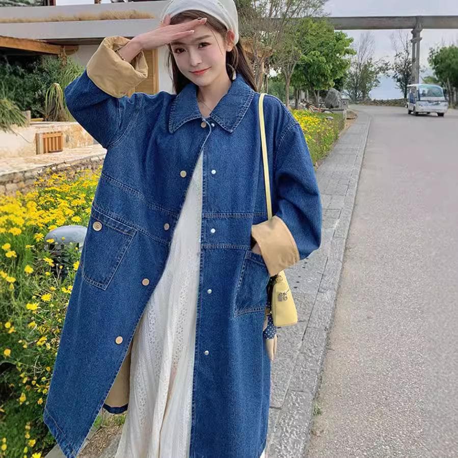 Korean Casual Denim Windbreaker Jacket for Women Spring and Autumn New Loose Mid-length Coat XL