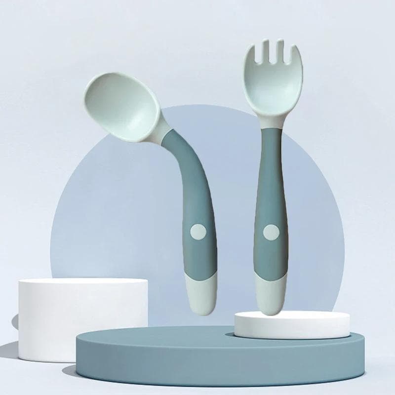 Bendable Twist Baby Fork And Spoon Set Learn To Eat Training Tableware Silicone PP Soft Spoon Soft Bendable light blue