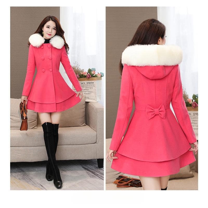 Mid-length Women's Woolen Coat Nizi Coat Autumn and Winter Contrast Color Fur Collar Skirt XL