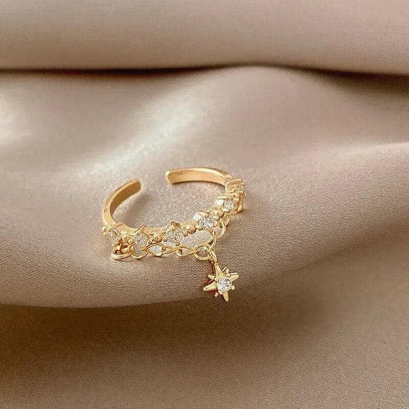 Fashion hexagram Stars Pendant Rings Sparkling Zircon Opening Ring Woman Elegant Geometric Chain Ring Party Jewelry gold