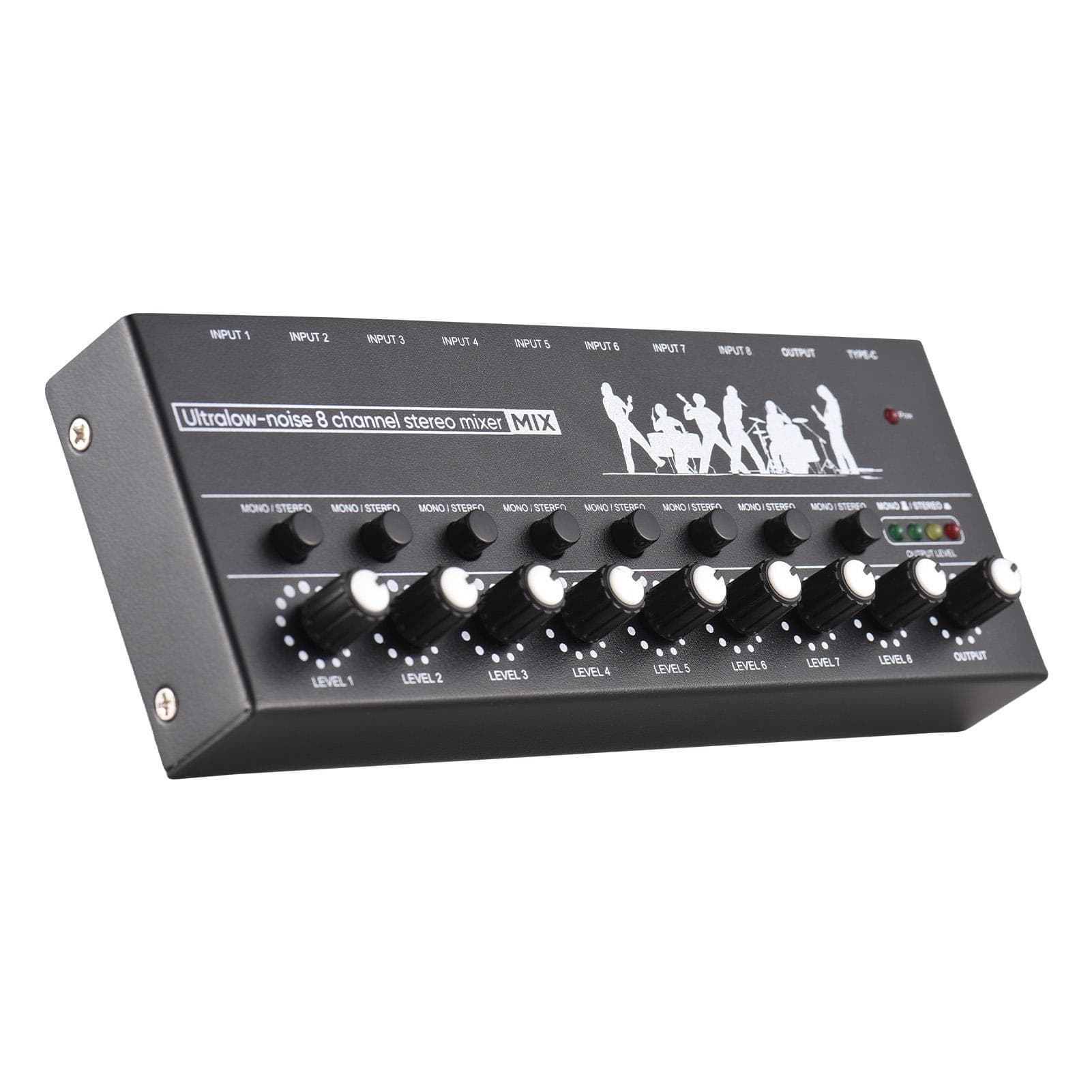 8 Channel Audio Mixer Mono/Stereo Switching Audio Mixer with Level Indicator Light 6.35mm TRS/TS black