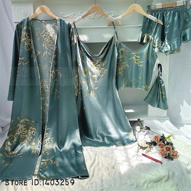 New Female 4PCS Pajamas Set Spring Summer Satin Sleepwear Intimate Lingerie Print Cherry Flower Nightgown Loose Home Clothes L