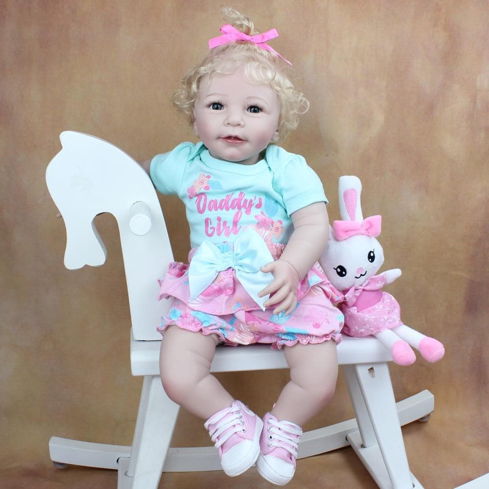 BZDOLL 55 CM Soft Silicone Reborn Baby Blonde Hair Girl Doll Toy Lifelike Realistic 22 Inch Princess Toddler Smiling Lisa Bebe Cloth Body blue