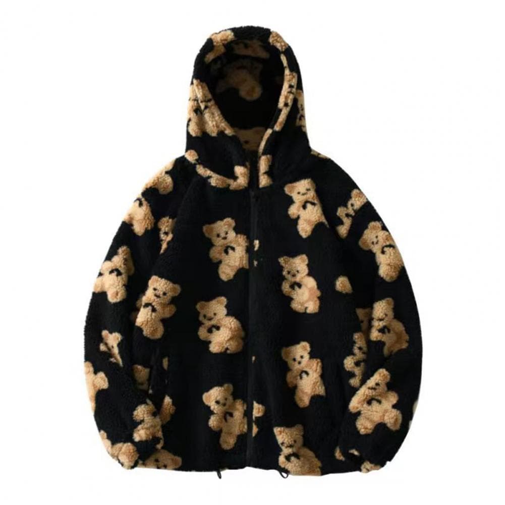 Women Autumn Winter Fleece Hooded Jacket with Drawstring Long Sleeve Pockets Zipper Placket Plush Sweatshirt Coat Heart Bear Pri XL black