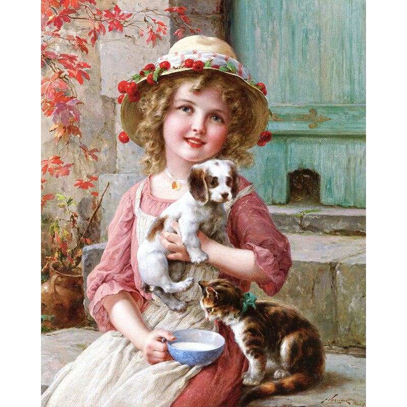 Full Round Drill Diamond Embroidered Little Girl and Cat Diamond Painted Cross Rhinestone 20X30CM